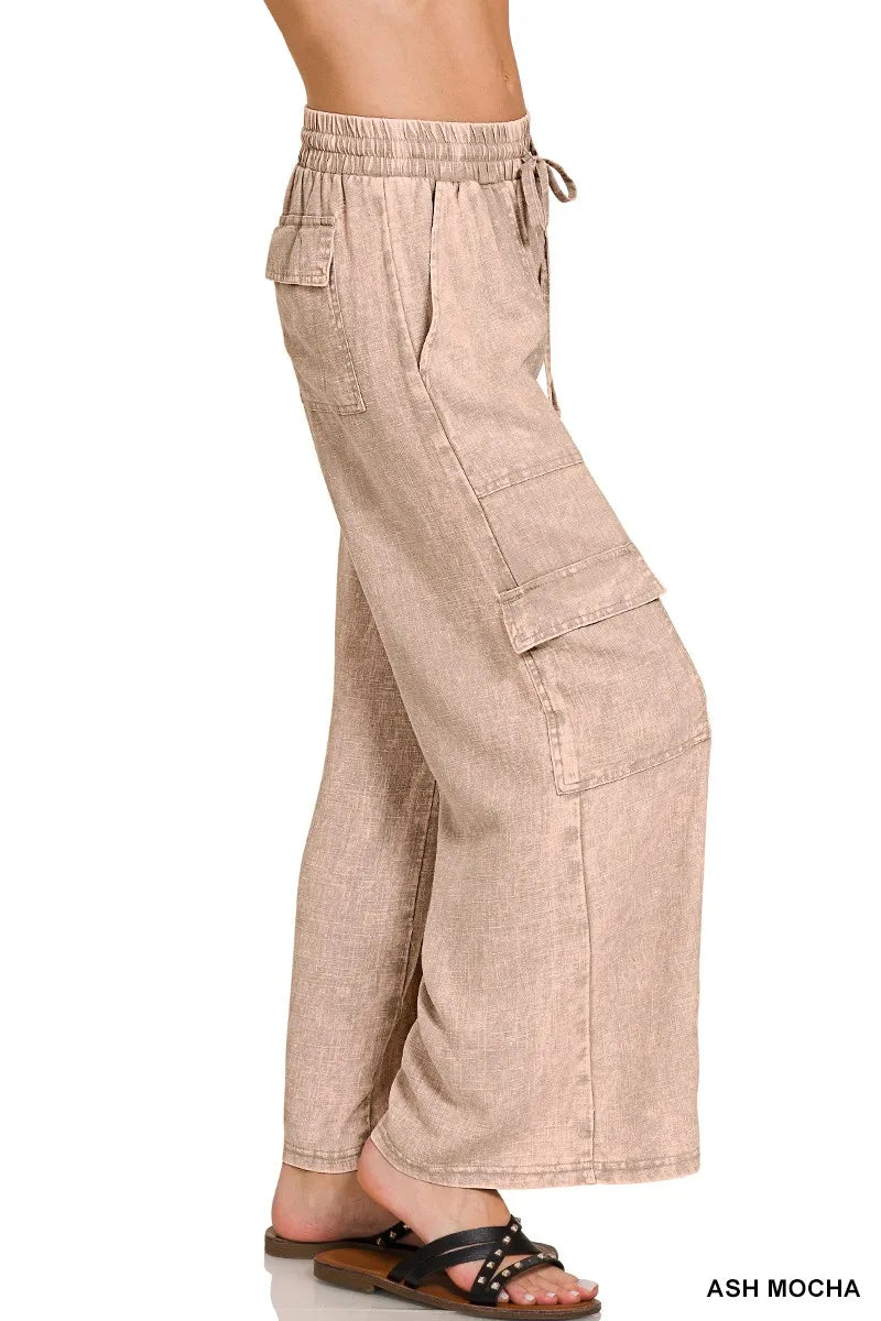 Zenana Washed Linen Elastic Band Waist Cargo Pants - Sydney So Sweet