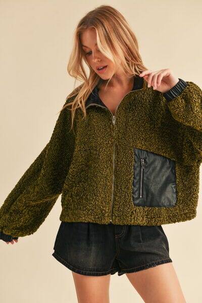 Aemi + Co Collared Neck Zip Up Sherpa Jacket - Sydney So Sweet