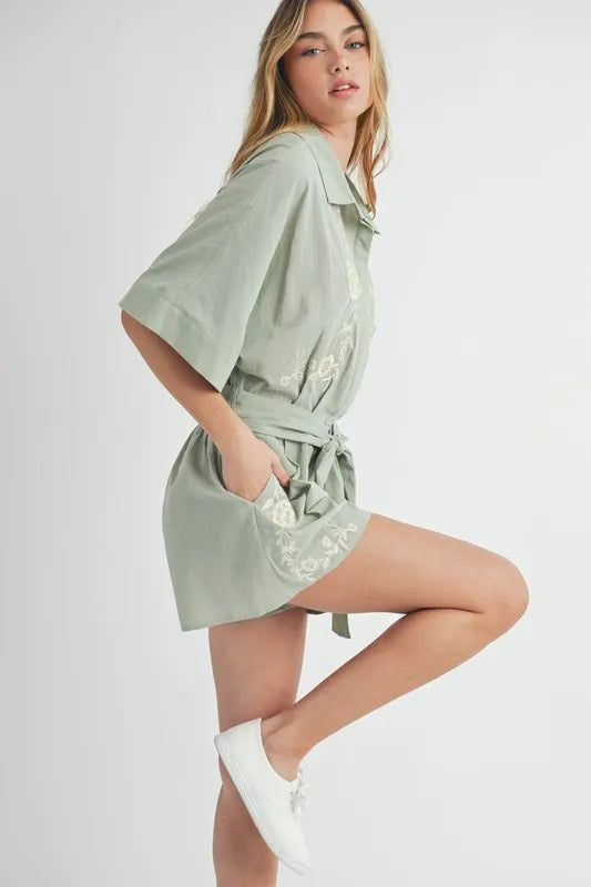 MABLE Embroidered Button Down Collared Neck Romper - Sydney So Sweet
