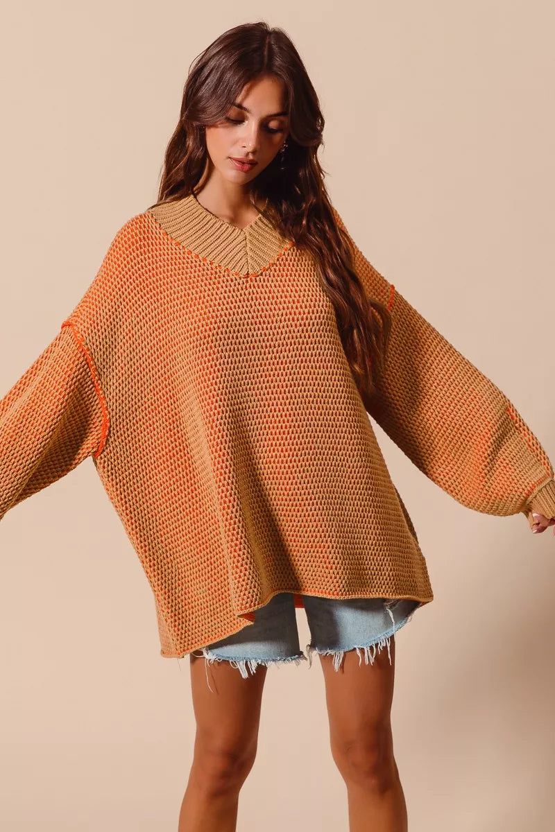 SO ME Oversized Two Tone Textured V Neck Sweater - Sydney So Sweet