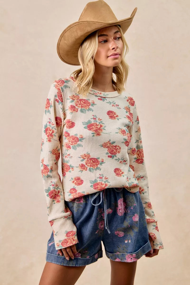 BiBi Floral Print Washed Waffle Thermal Top With Thumb - Sydney So Sweet