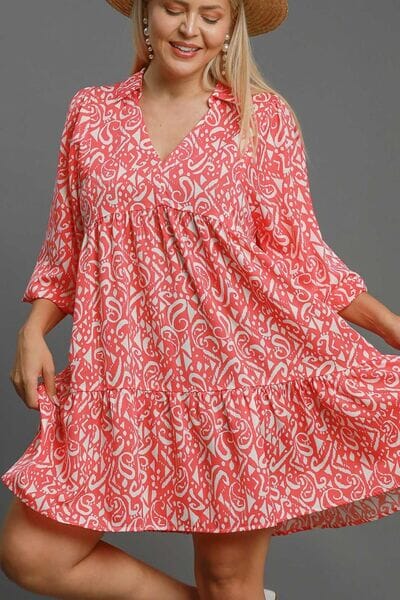 Umgee Full Size Two Tone Print Balloon Sleeve Tiered Dress Plus Size - Sydney So Sweet
