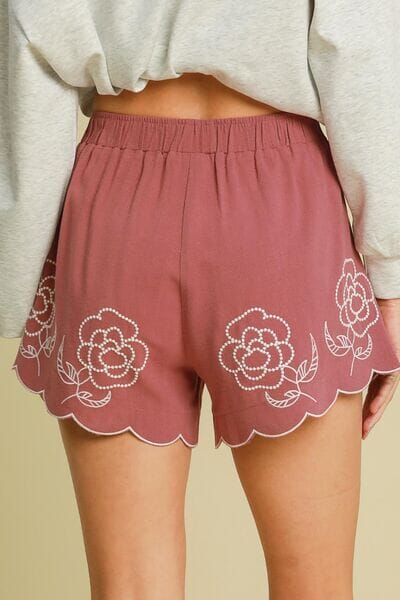 Umgee Full Size Linen Blend Shorts with Floral Embroidered Details Plus Size - Sydney So Sweet