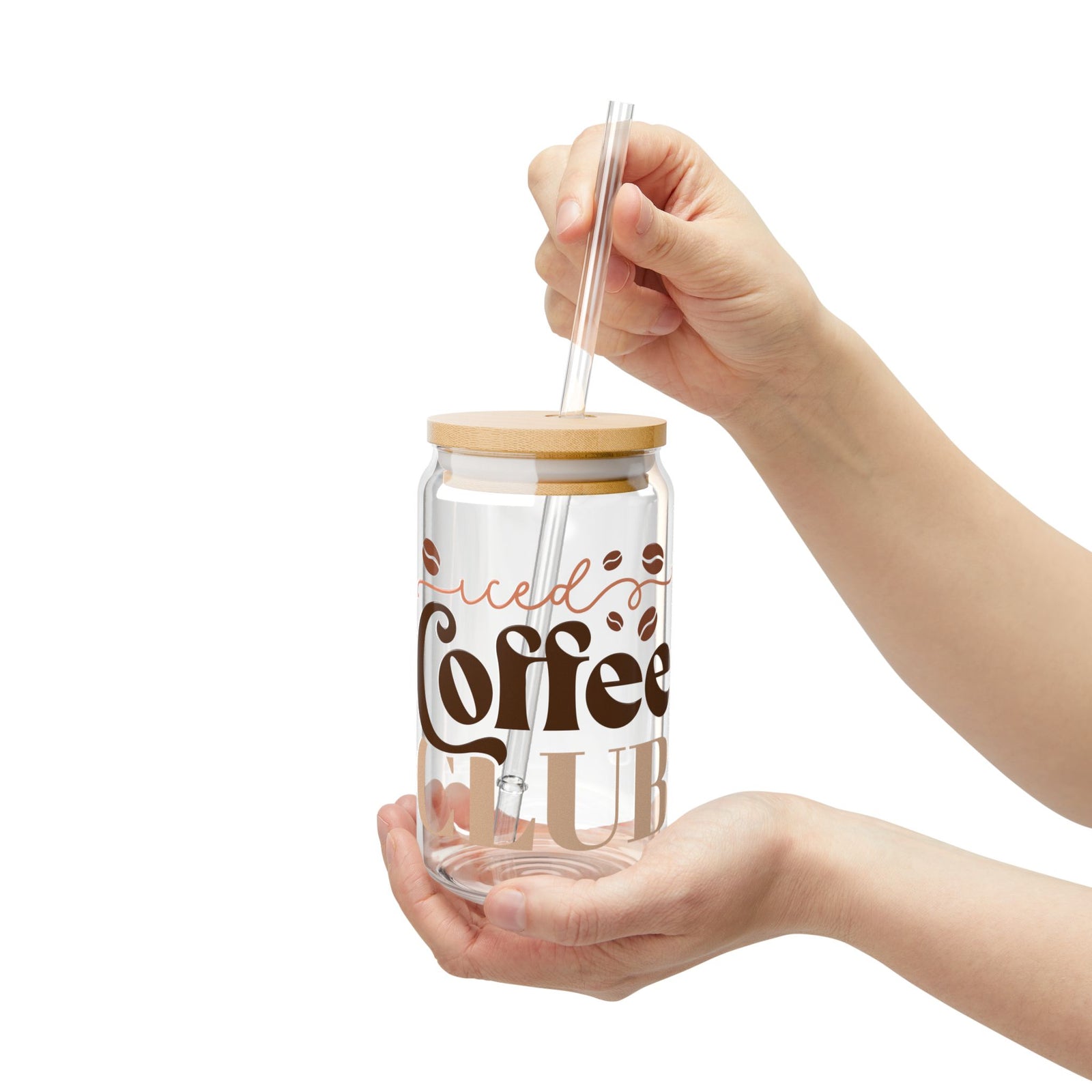Iced Coffee Club Sipper Glass 16oz Reusable Drink Jar with Lid & Straw