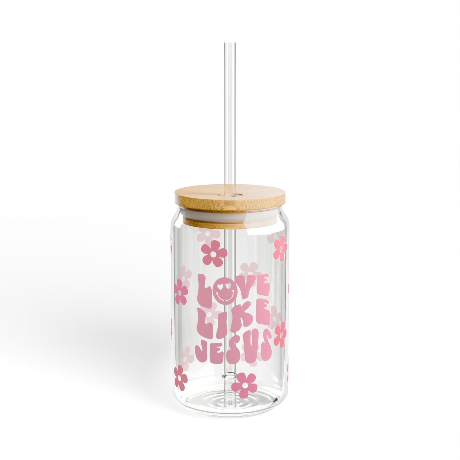 Love Like Jesus Pink Flower Floral Christian Tumbler Sipper Glass 16oz — Reusable Drink Jar with Lid & Straw - Sydney So Sweet