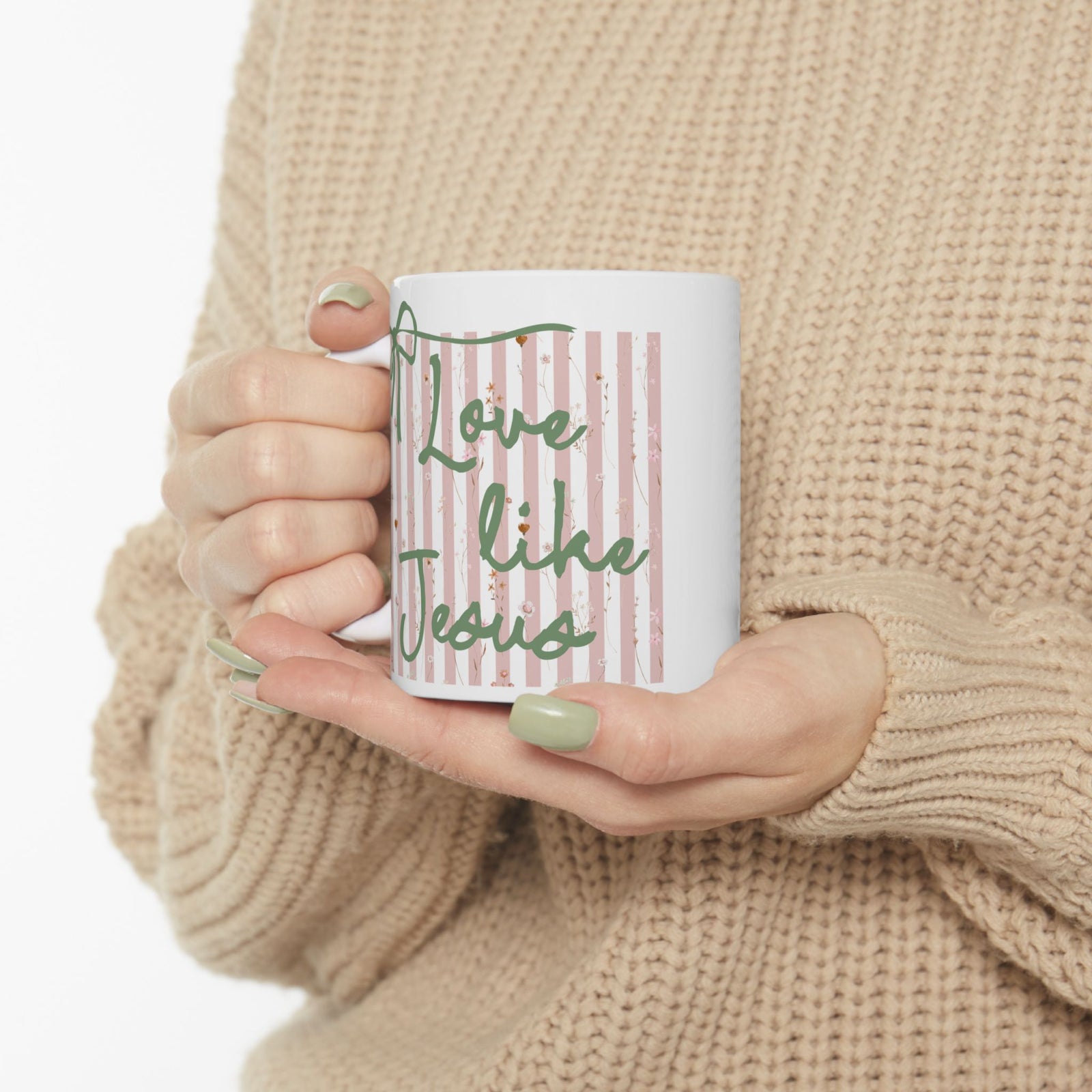 Love Like Jesus Pink Stripe Inspirational Ceramic Mug Coffee Cup (11oz & 15oz)