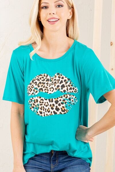 Heimish Full Size Leopard Lip Round Neck Short Sleeve T-Shirt Plus Size - Sydney So Sweet