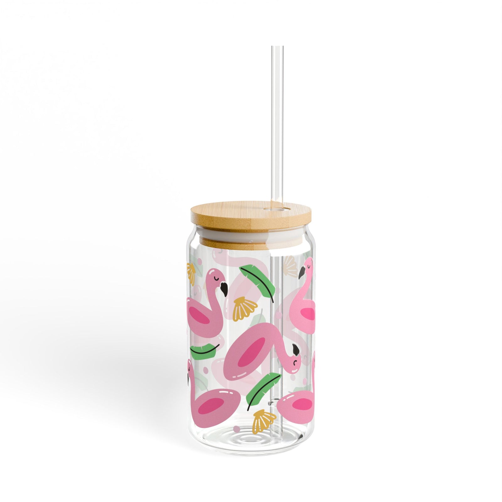 Flamingo Float Tumbler Sipper Glass 16oz — Reusable Drink Jar with Lid & Straw