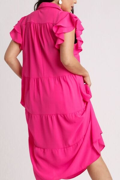 Umgee Full Size Johnny Collar Ruffle Cap Sleeve Tiered Dress Plus Size - Sydney So Sweet