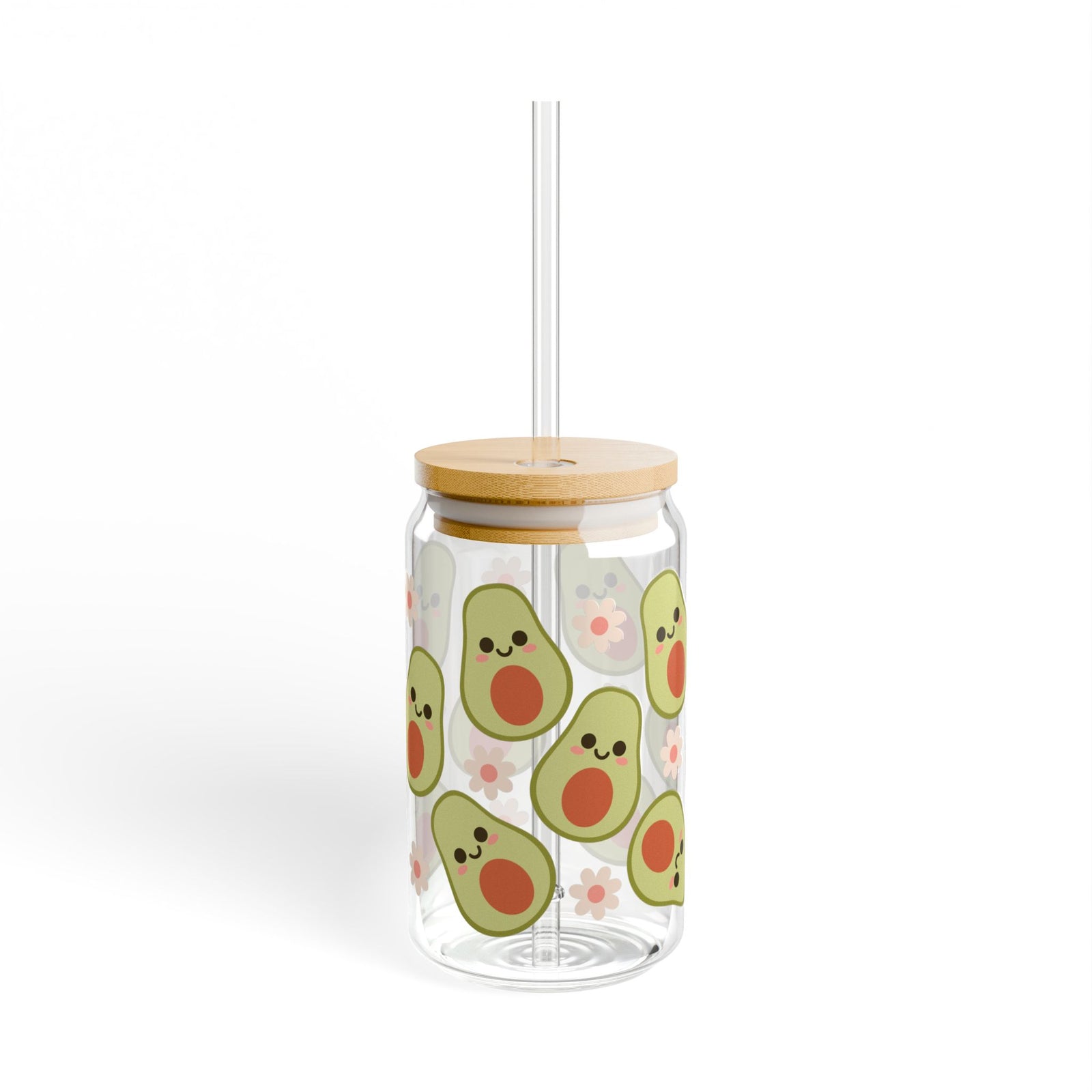 Happy Avocado Tumbler Sipper Glass 16oz — Reusable Drink Jar with Lid & Straw