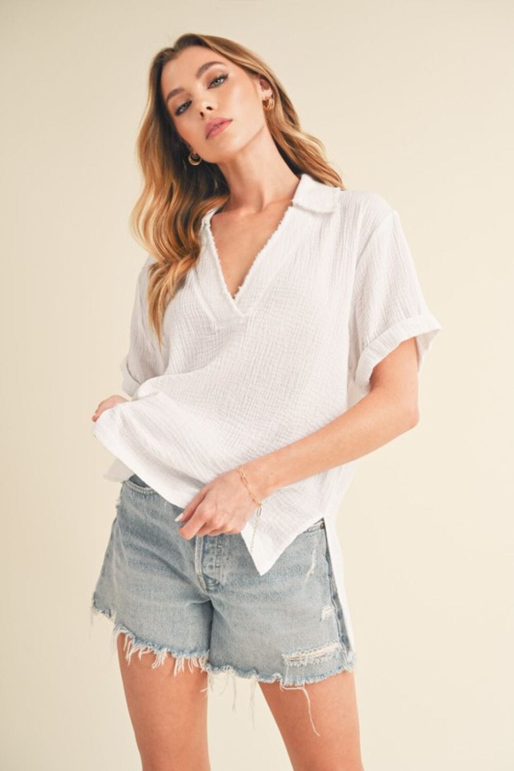 Aemi + Co Side Slit Johnny Collar Short Sleeve Cotton Gauze Blouse - Sydney So Sweet
