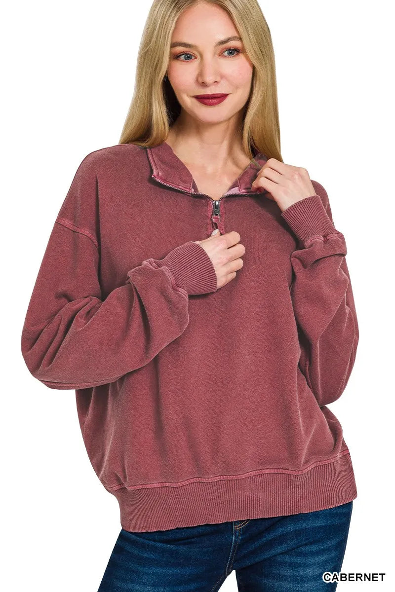 Zenana F/terry Pigment Dye & Enzyme Washing Half Zip Top - Sydney So Sweet