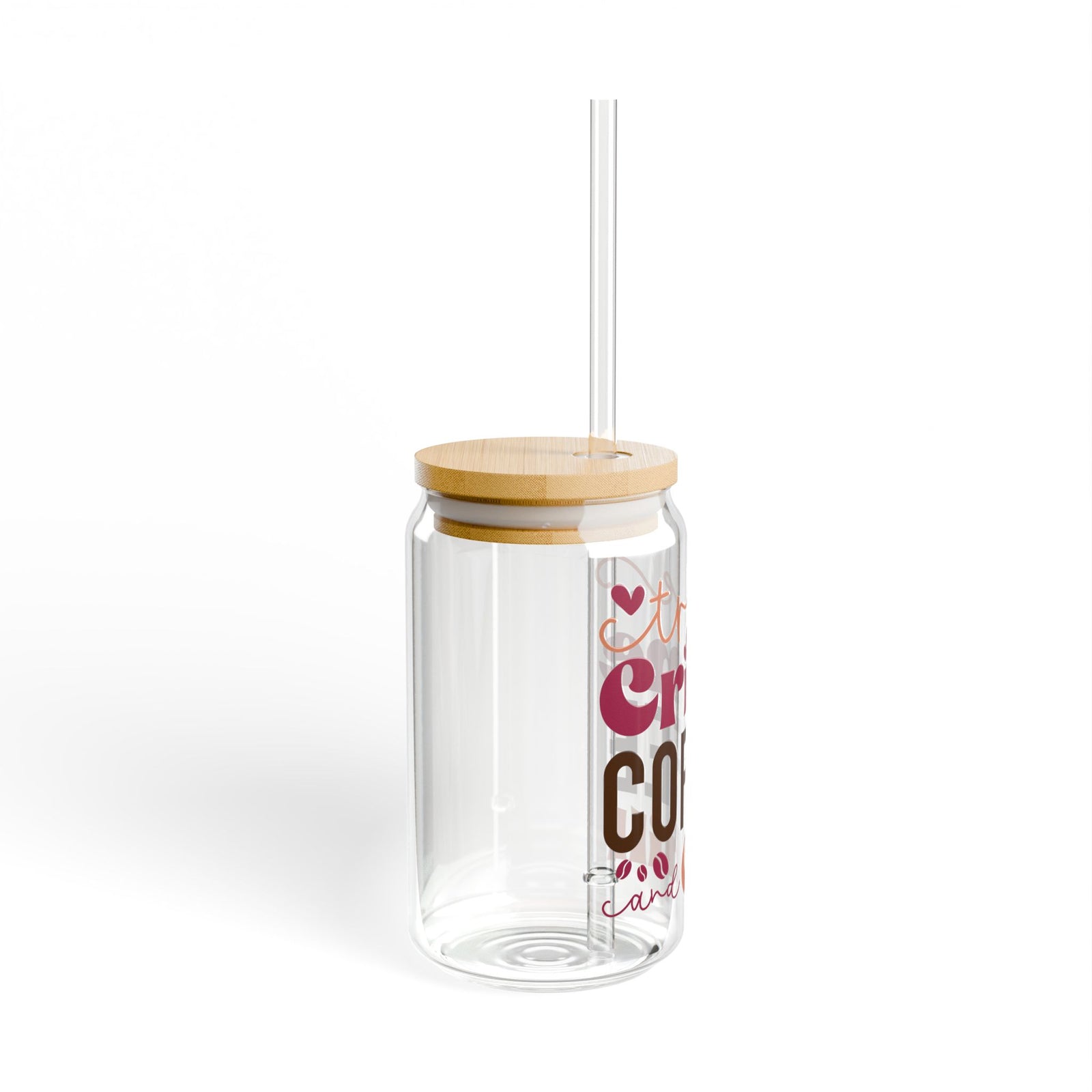 True Crime Coffee and Chill 16 oz reusable glass drink jar with lid and straw