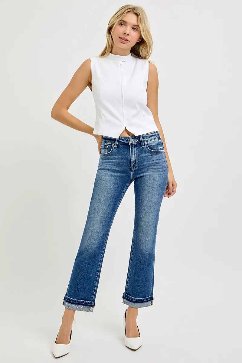RISEN Mid Rise Ankle Straight Cuffed Jeans - Sydney So Sweet