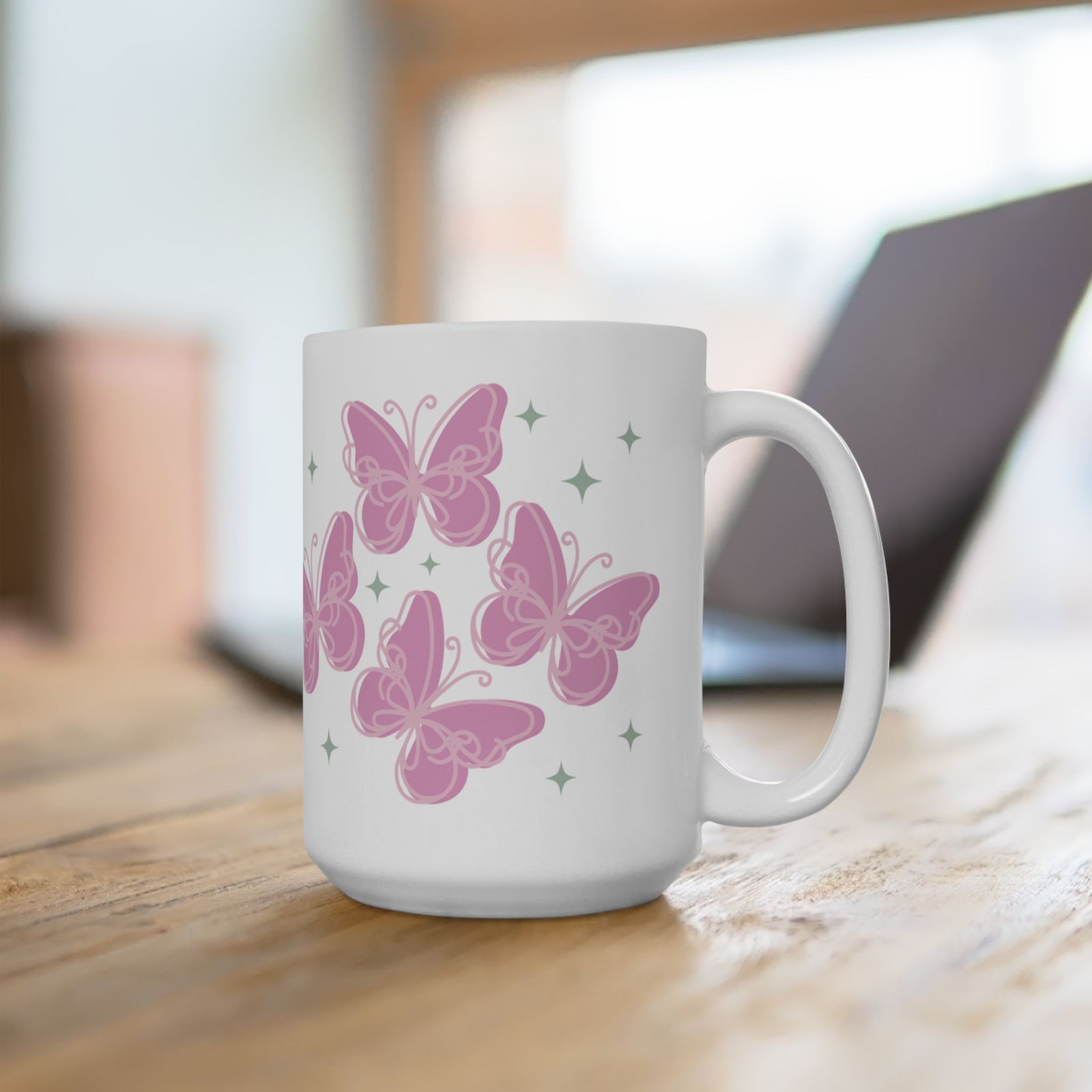 Flutter Pink Butterfly Cute Ceramic Mug Coffee Cup (11oz & 15oz)