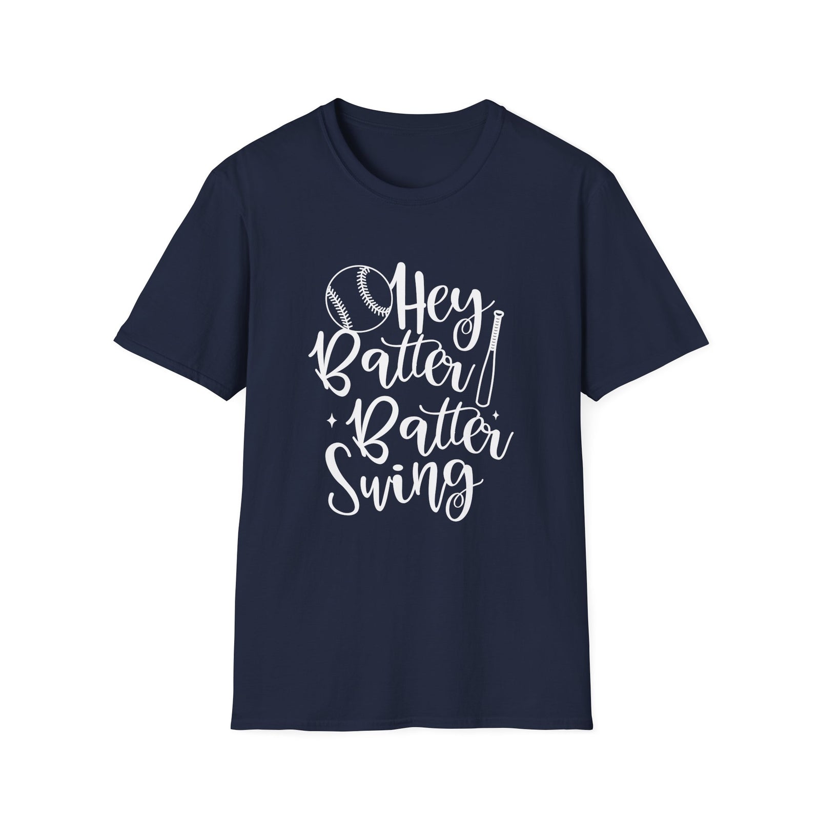 Hey Batter Batter Swing Baseball Graphic T-Shirt Cute Sports Mom Tee (12 Team Colors)