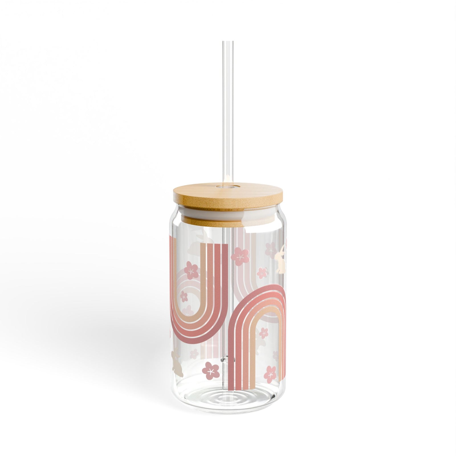 Retro Rainbow Bunny Tumbler Sipper Glass 16oz — Reusable Drink Jar with Lid & Straw