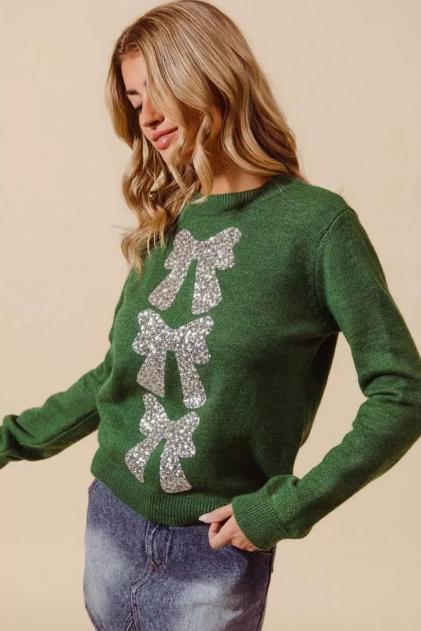 SO ME Sequins Bow Ribbon Embellished Christmas Sweater - Sydney So Sweet