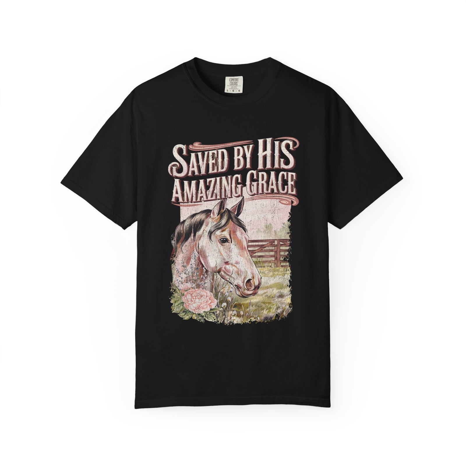 Saved By His Amazing Grace Horse Christian Tee Distressed Graphic T-Shirt
