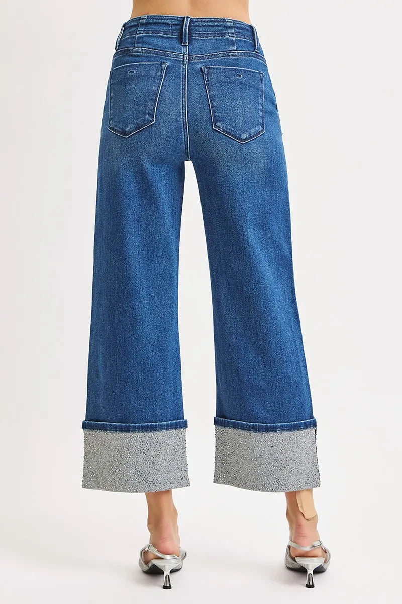 RISEN High Rise Ankle Wide Rhine Stone Cuffed Jeans - Sydney So Sweet