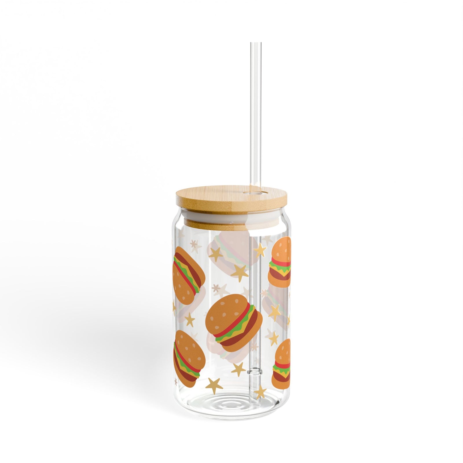 Burgers Tumbler Sipper Glass 16oz — Reusable Drink Jar with Lid & Straw