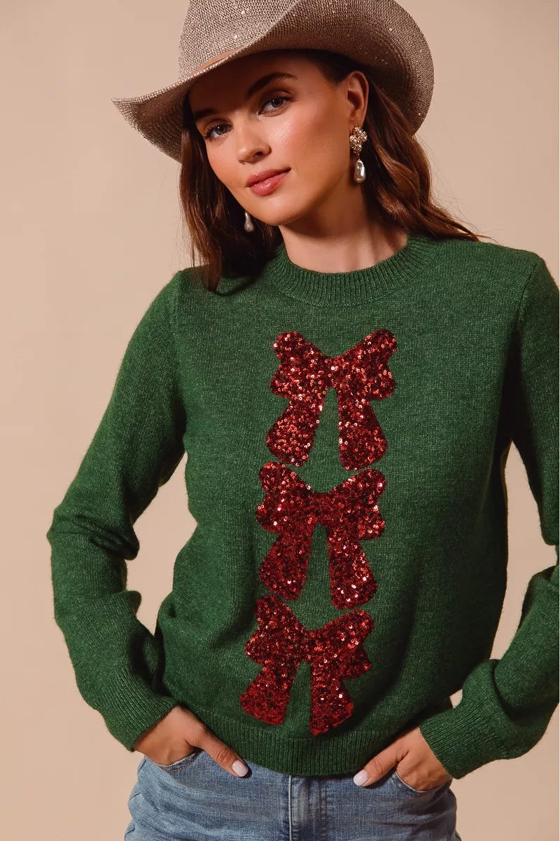SO ME Sequins Bow Ribbon Embellished Christmas Sweater - Sydney So Sweet