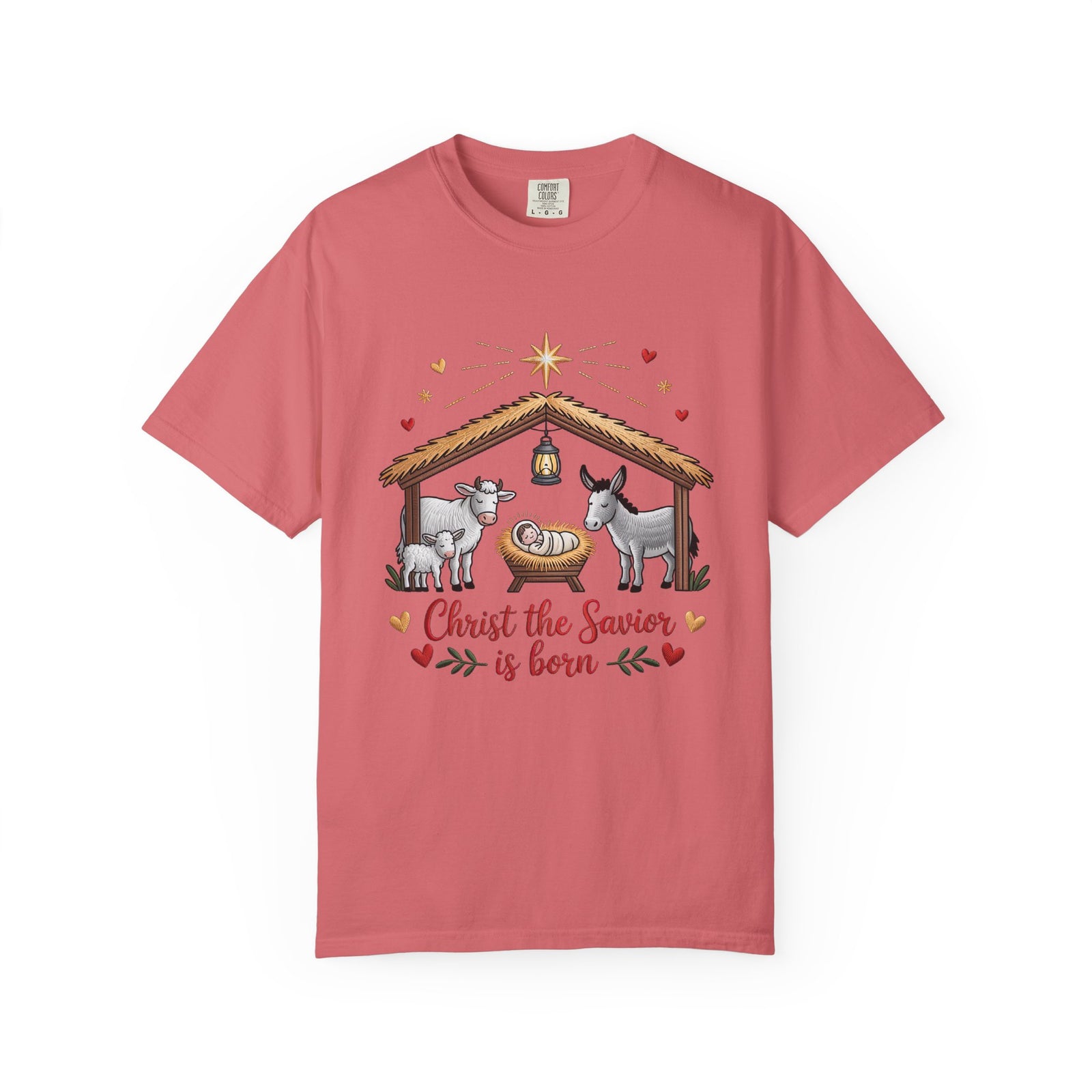 Christ the Savior is Born Faux Embroidery T-Shirt Nativity Scene Graphic Tee