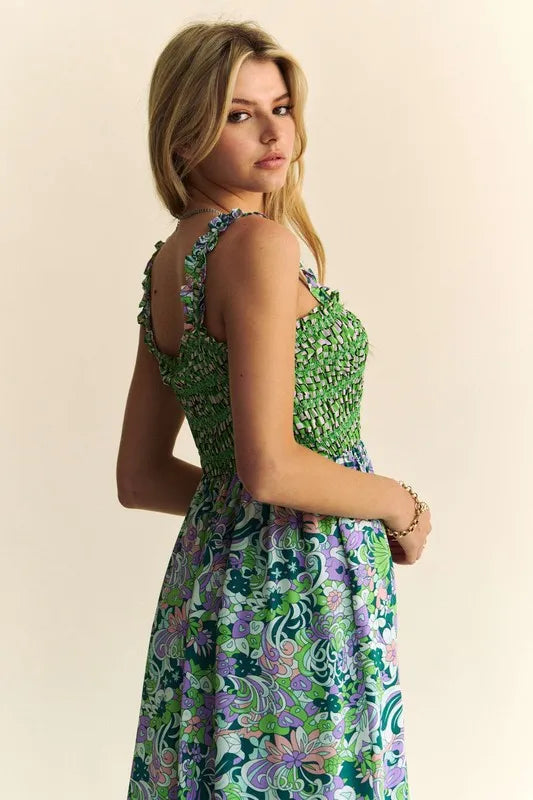Davi & Dani Multi Smocked Bodice Geo Ruffle Strappy Midi Dress - Sydney So Sweet