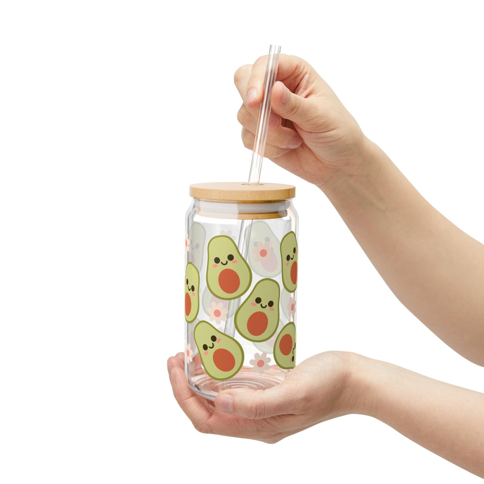Happy Avocado Tumbler Sipper Glass 16oz — Reusable Drink Jar with Lid & Straw