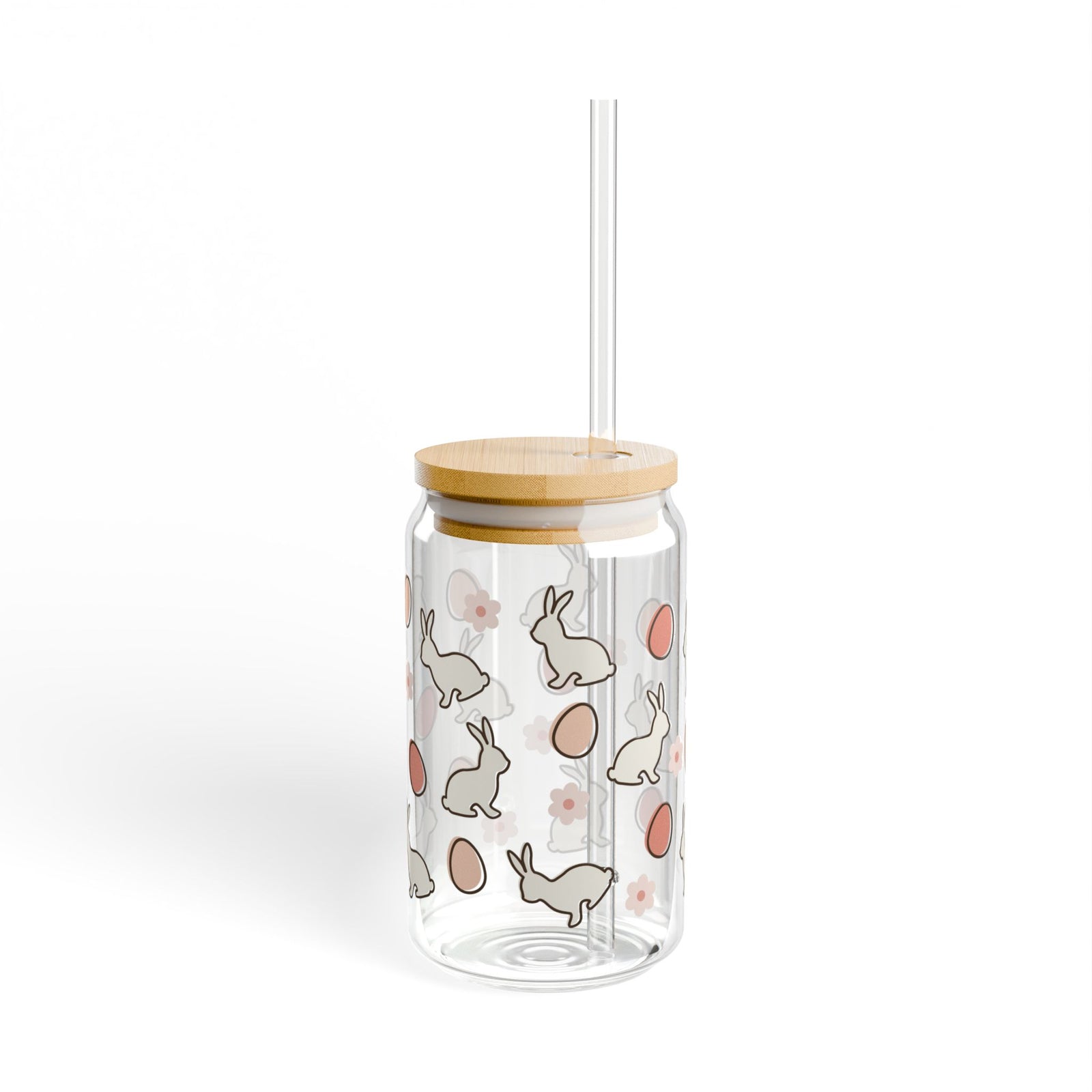 Sweet Bunny Tumbler Sipper Glass 16oz — Reusable Drink Jar with Lid & Straw