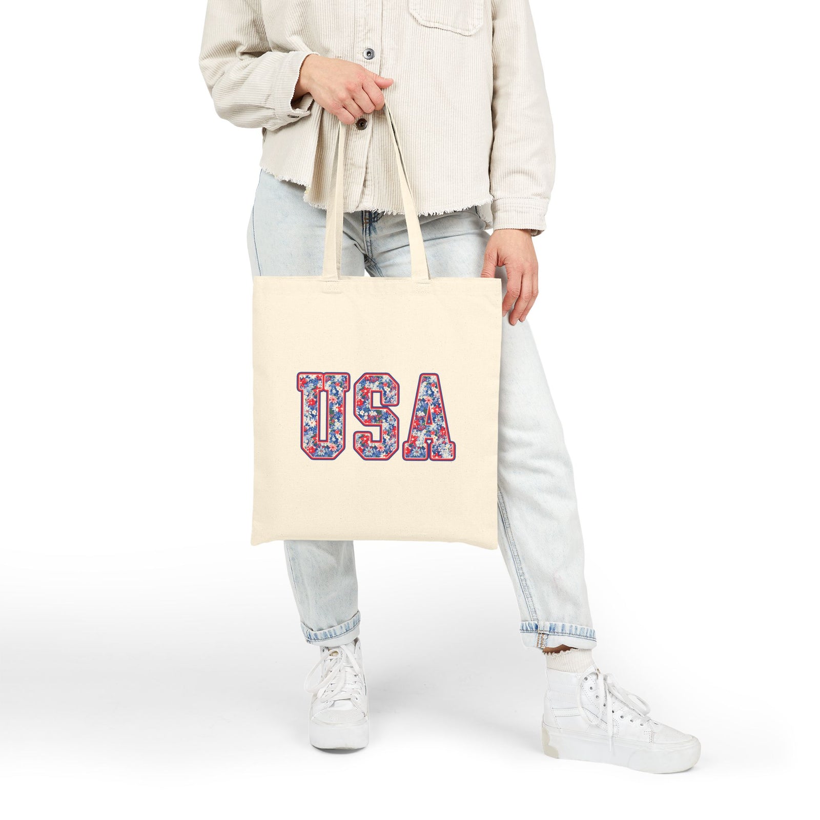 USA Floral Patriotic Cotton Canvas Summer Tote Bag