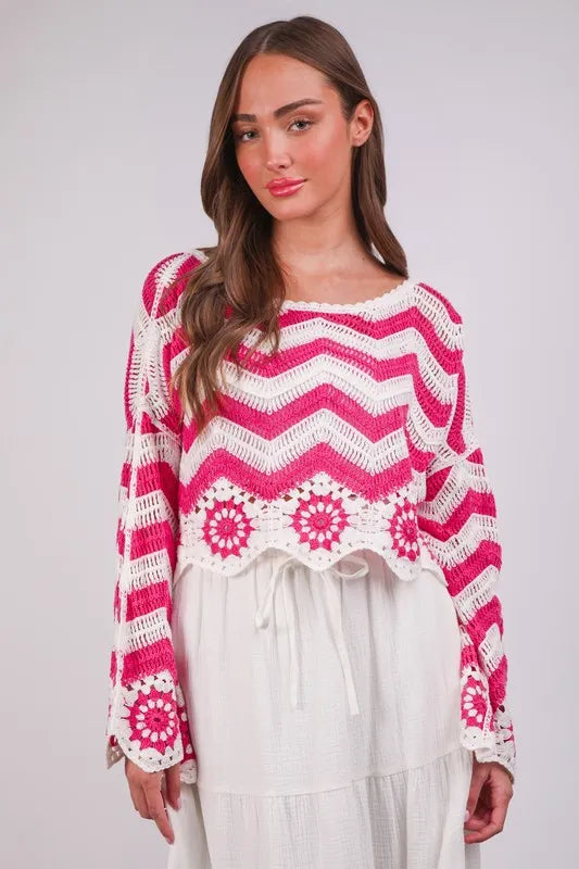 VERY J Chevron/Floral Pattern Crochet Knit Top - Sydney So Sweet