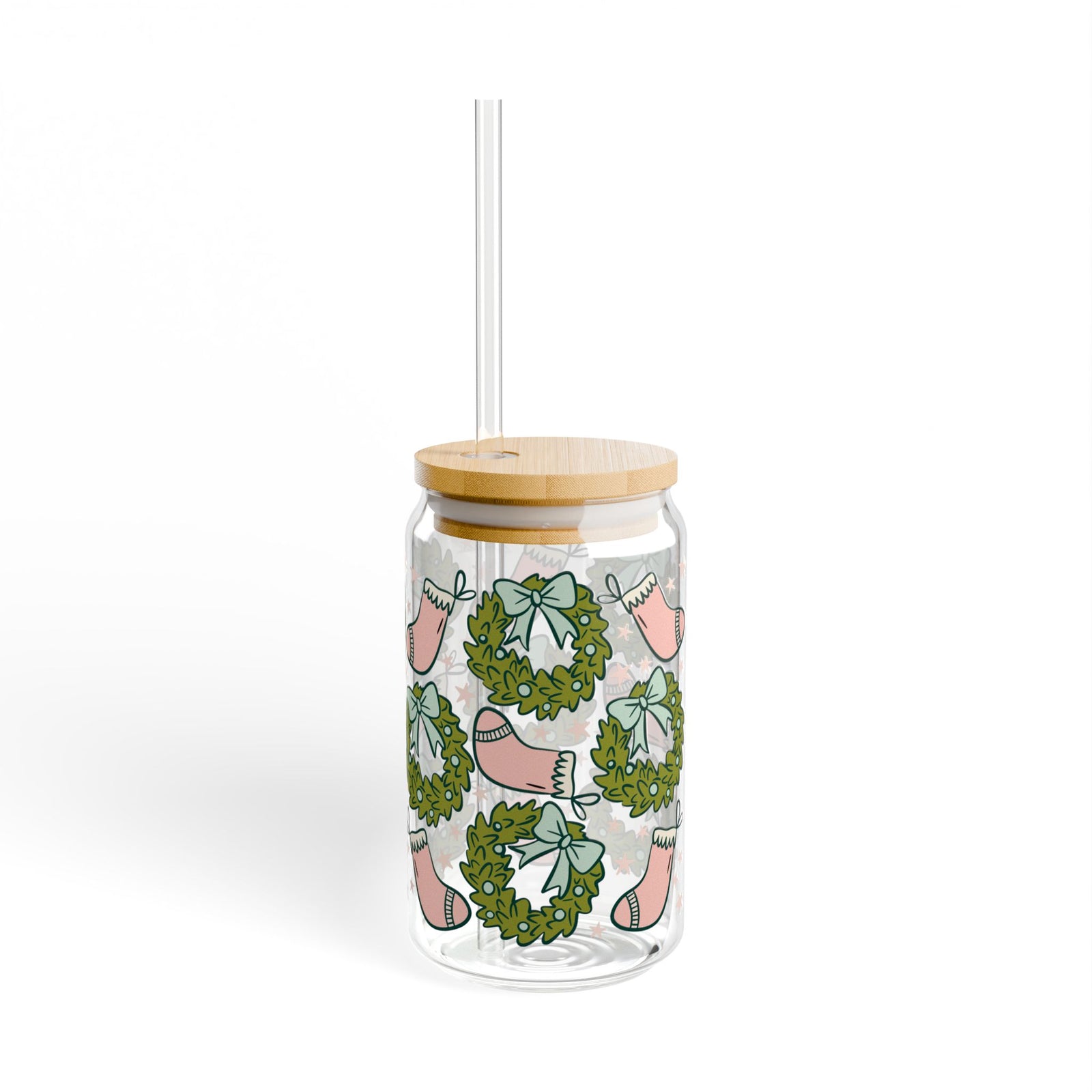 Holly Jolly Christmas Stockings 16 oz reusable glass drink jar with lid and straw