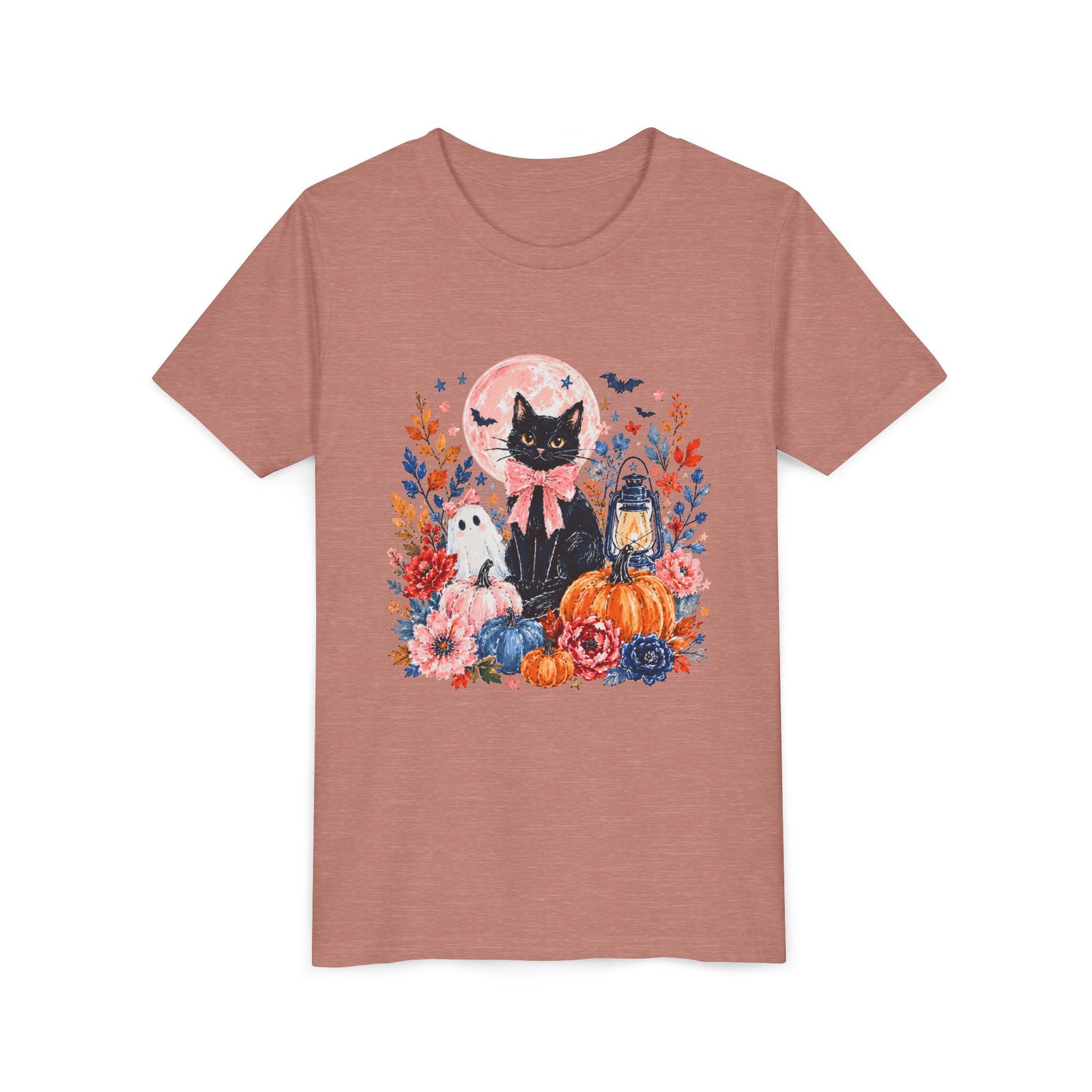 Girly Black Cat Halloween T-Shirt Cute Pumpkin & Lantern Fall Kids Graphic Tee
