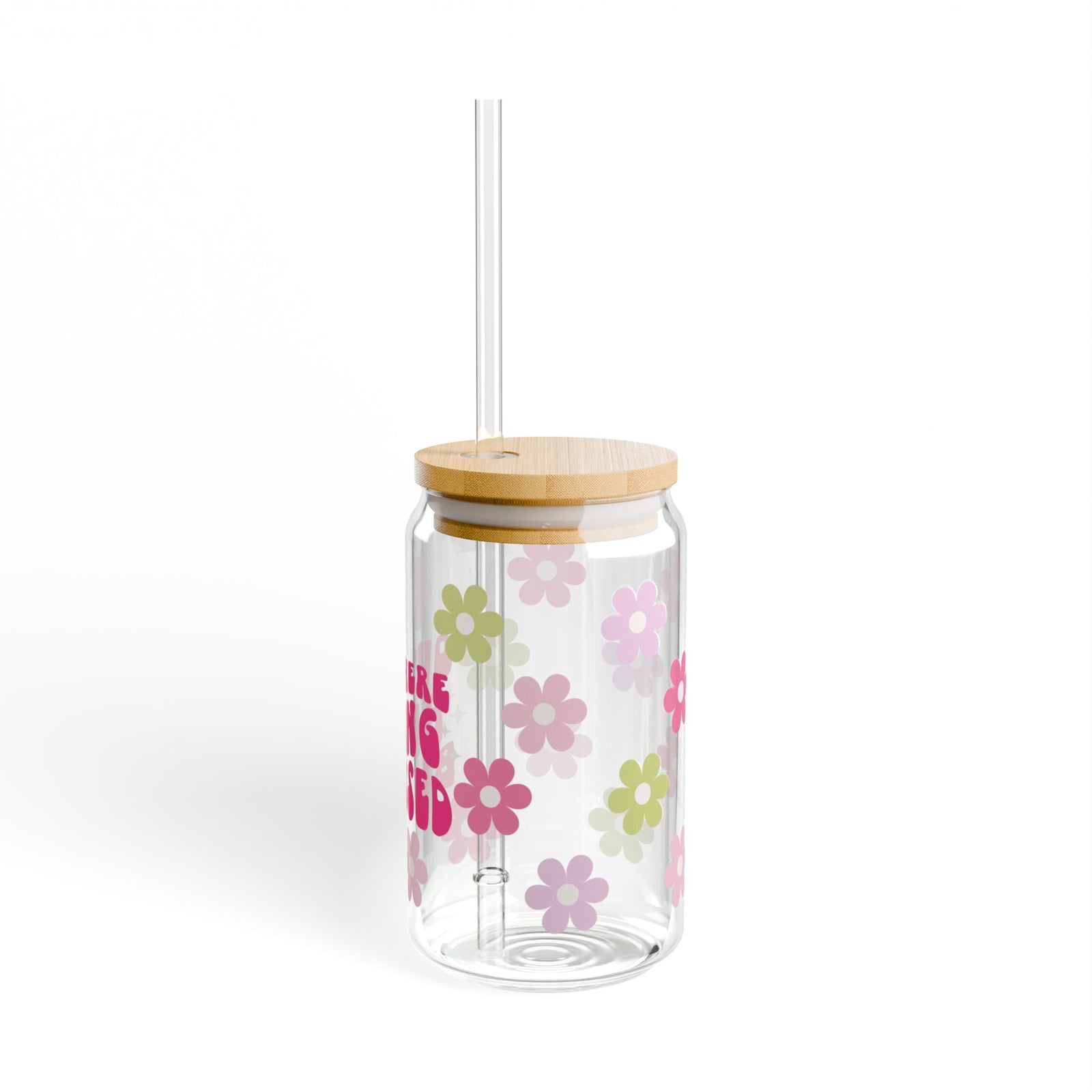 Out Here Being Blessed Retro Floral Sipper Glass 16oz — Reusable Drink Jar with Lid & Straw - Sydney So Sweet