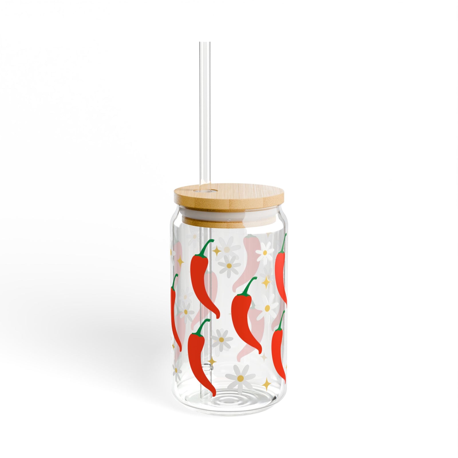 Spicy Chili Pepper Sipper Glass 16oz — Reusable Drink Jar with Lid & Straw