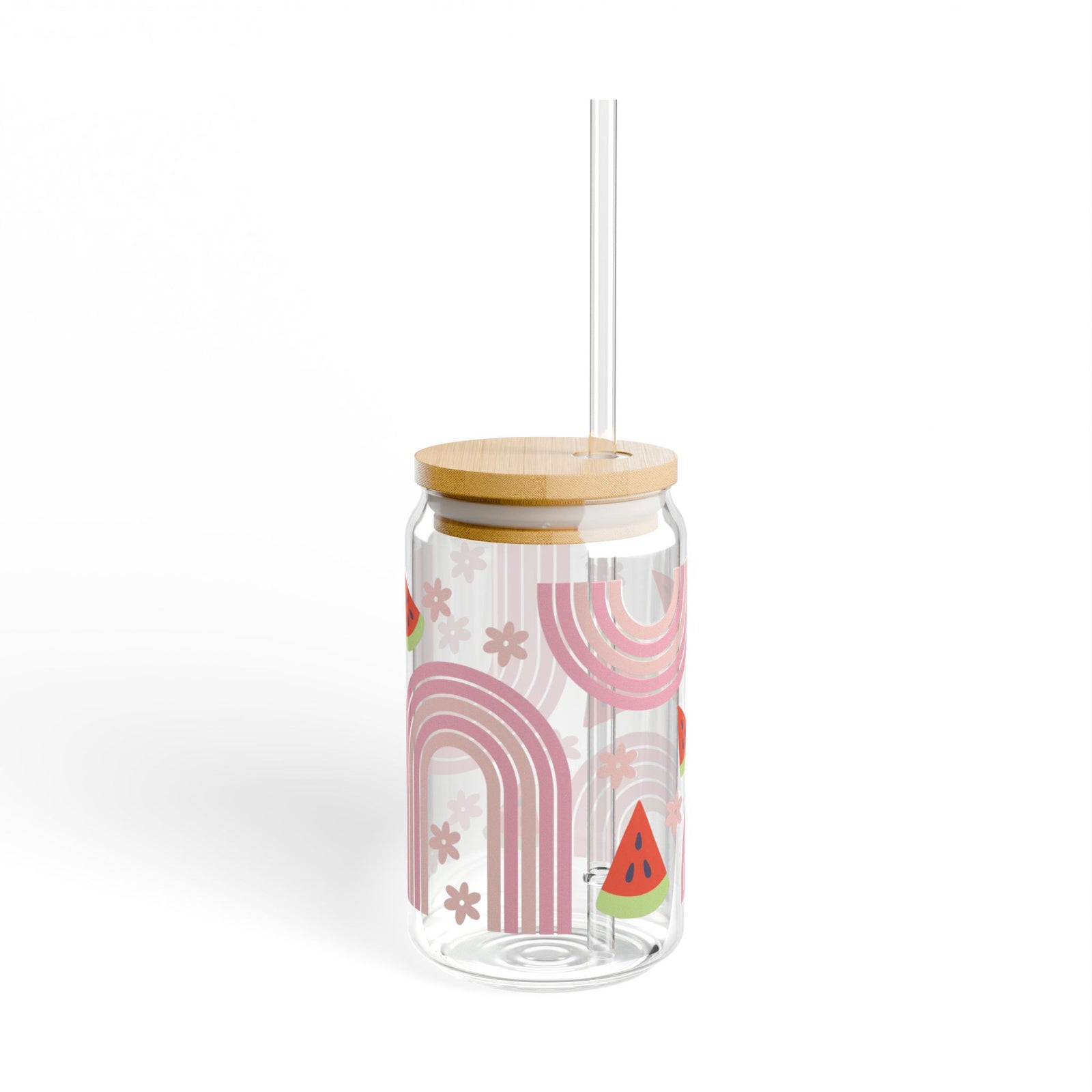 Watermelon Rainbow Tumbler Sipper Glass 16oz — Reusable Drink Jar with Lid & Straw