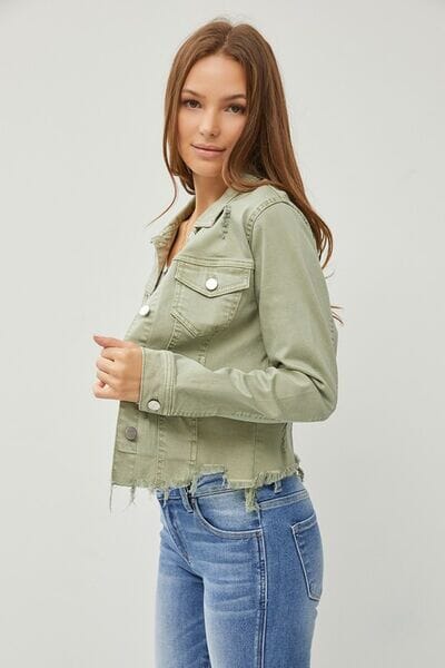 RISEN Full Size Raw Hem Button Up Cropped Denim Jacket Plus Size - Sydney So Sweet