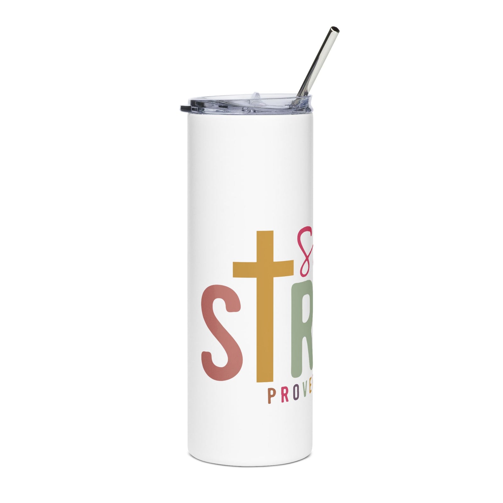 She Is Strong 20oz Stainless Steel Tumbler Proverbs 31:25 Inspirational Christian Travel Cup