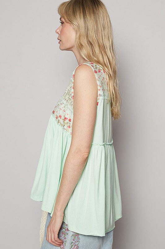 POL Lace Detail Frill Floral V-Neck Sleeveless Top - Sydney So Sweet