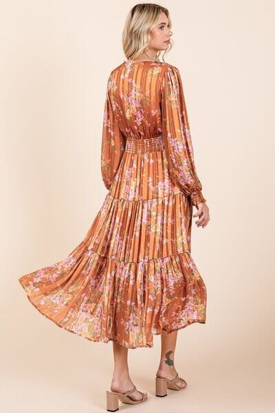 Mittoshop Flower Print Satin Lurex Stripe Smocked Midi Dress - Sydney So Sweet