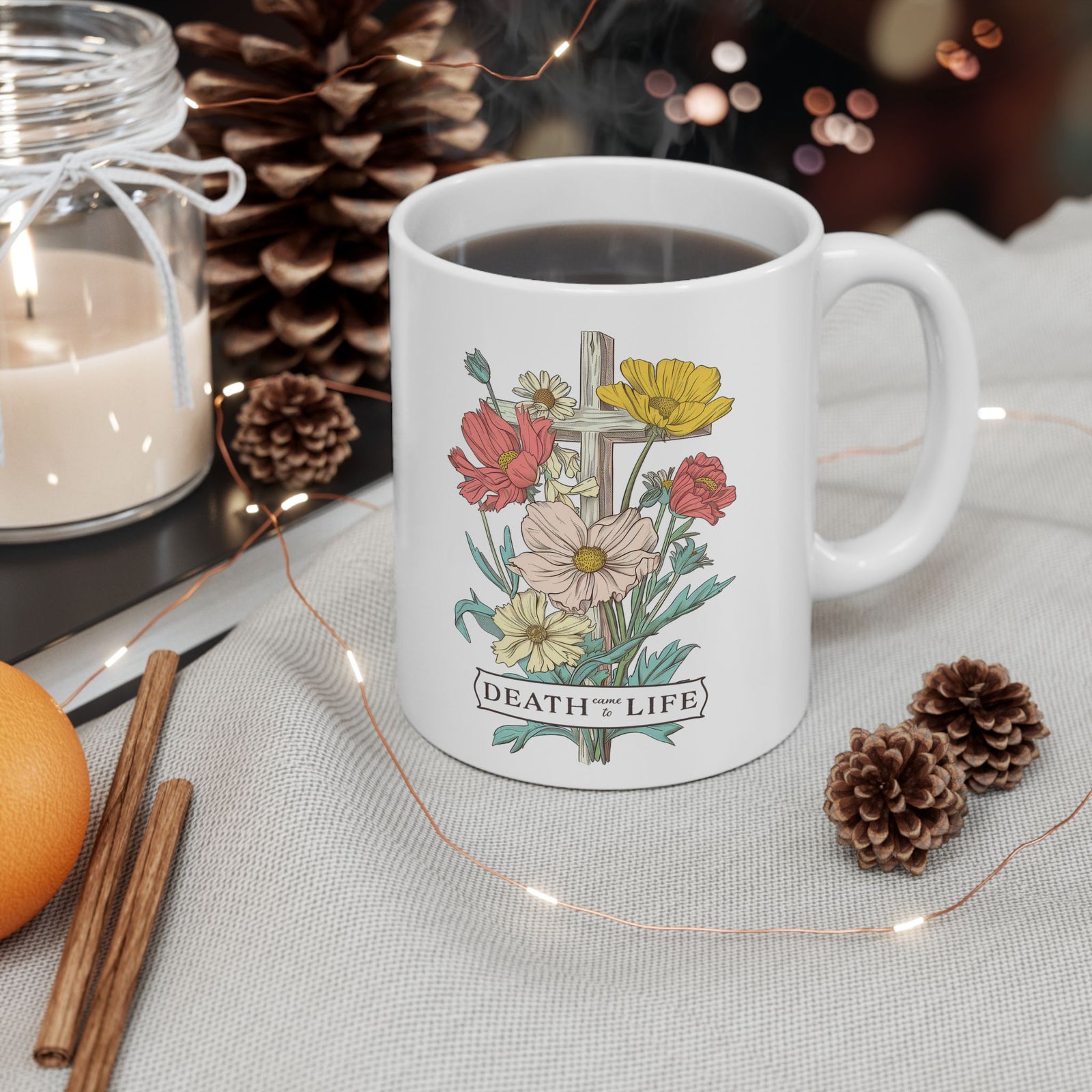 Death Came to Life Floral Cross Christian Ceramic Mug Coffee Cup (11oz & 15oz)