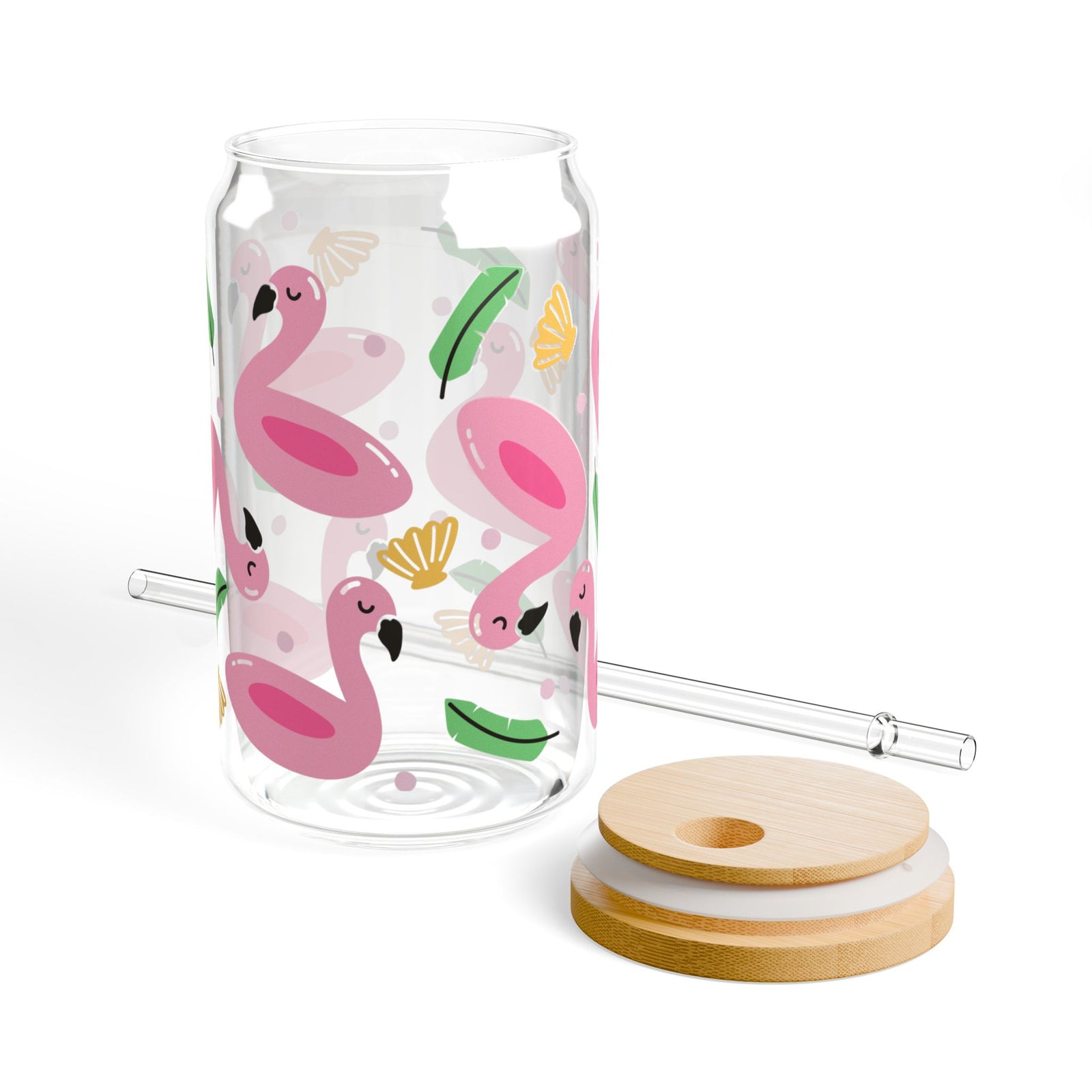 Flamingo Float Tumbler Sipper Glass 16oz — Reusable Drink Jar with Lid & Straw