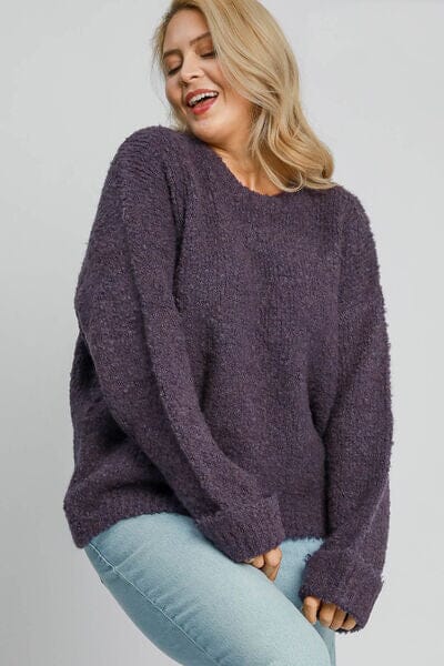 Umgee Full Size Round Neck Long Sleeve Boucle Sweater Plus Size - Sydney So Sweet