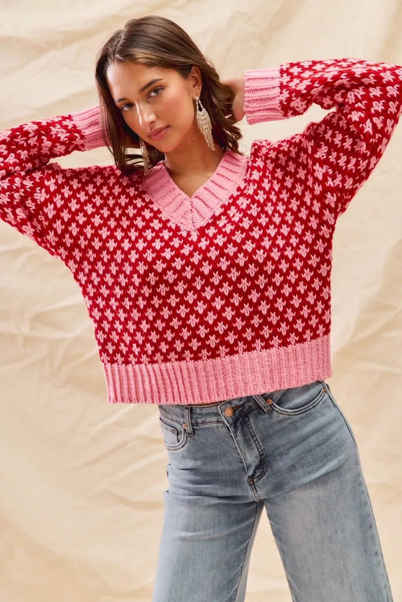 SO ME Color Block Textured Christmas Sweater V Neck Top - Sydney So Sweet