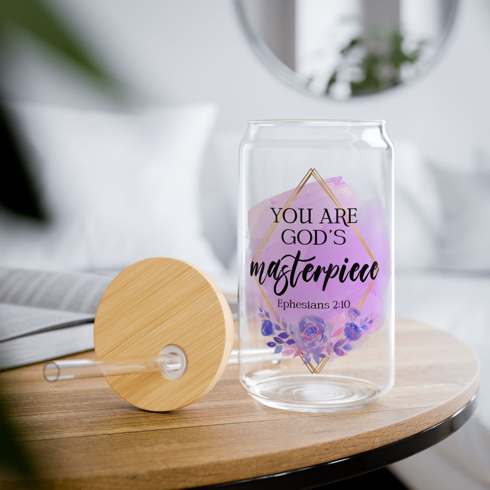 You Are God’s Masterpiece Ephesians 2:10 Christian Tumbler Sipper Glass 16oz — Reusable Drink Jar with Lid & Straw - Sydney So Sweet