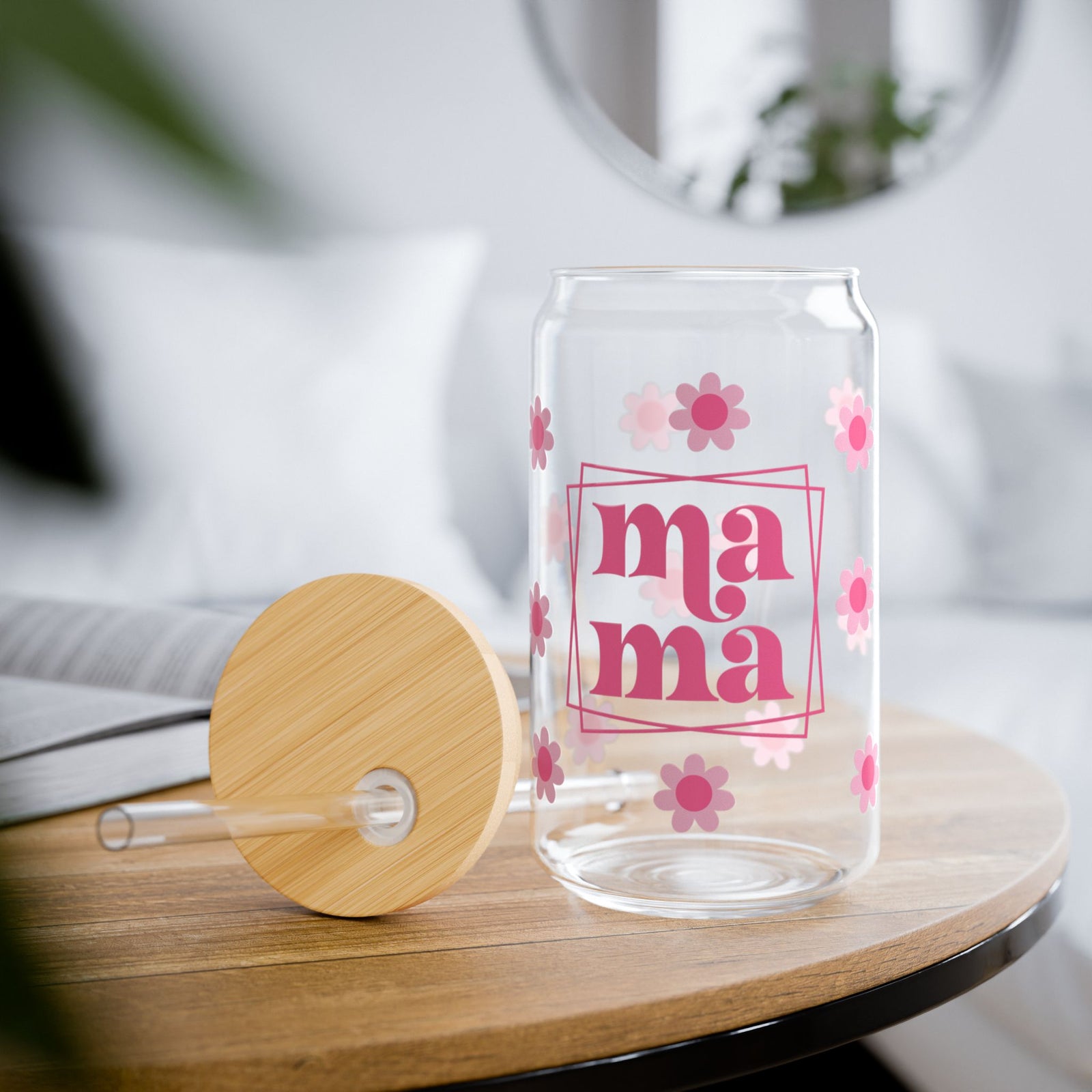 Mama Pink Flower Tumbler Sipper Glass 16oz — Reusable Drink Jar with Lid & Straw