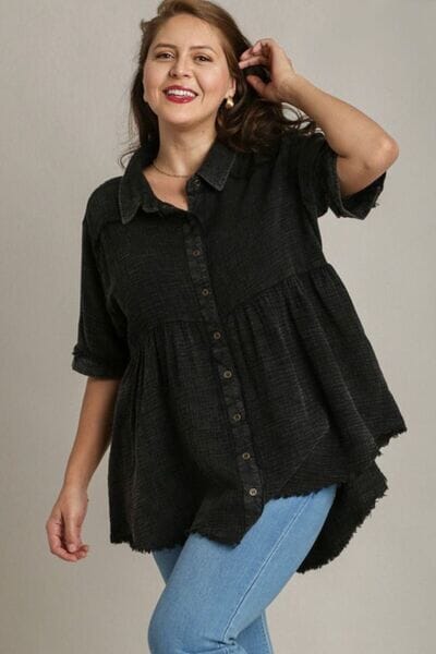 Umgee Full Size Cotton Gauze Button Front Shirt Plus Size - Sydney So Sweet
