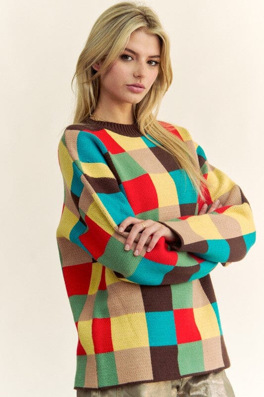 Davi & Dani Color Block Checkered Dropped Shoulder Sweater - Sydney So Sweet
