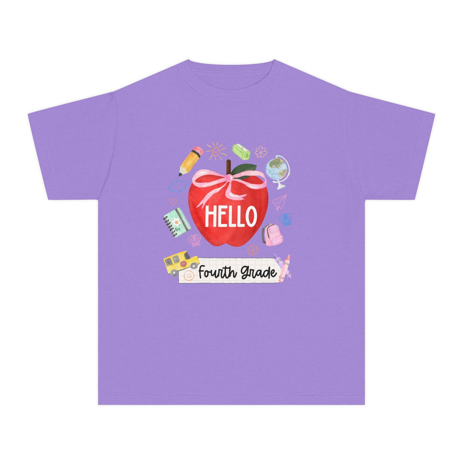 Hello Fourth Grade Preppy Coquette Apple Graphic Tee Back to School 4th Grade T-Shirt